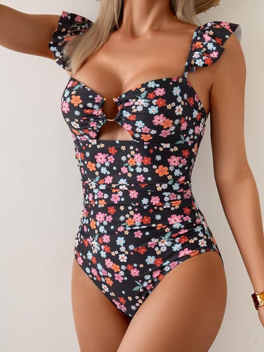 🌺 Floral Ruffle One-Piece Swimsuit | XL | Tummy Control | Gold Ring - Picture 4 of 5